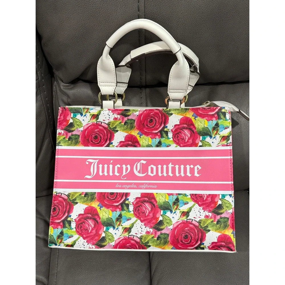 Juicy Couture Rose Print Satchel‎ Handbag White Pink Los Angeles California